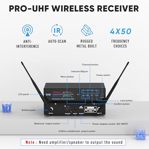 Lapel Wireless Microphone System with Headset & Lavalier Mics, Pro 4 Channel UHF Mics Set with Bodypack Transmitter & Metal Receiver, 200 Adjustable Frequency, 300ft Range for Church, Party - size: 4 Channel