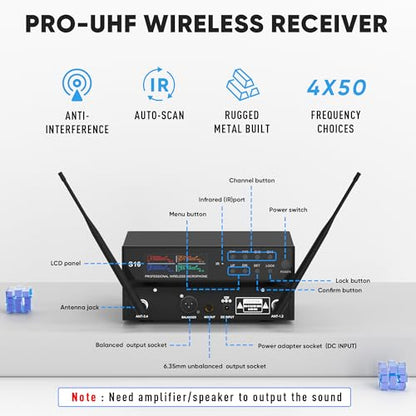 Lapel Wireless Microphone System with Headset & Lavalier Mics, Pro 4 Channel UHF Mics Set with Bodypack Transmitter & Metal Receiver, 200 Adjustable Frequency, 300ft Range for Church, Party - size: 4 Channel