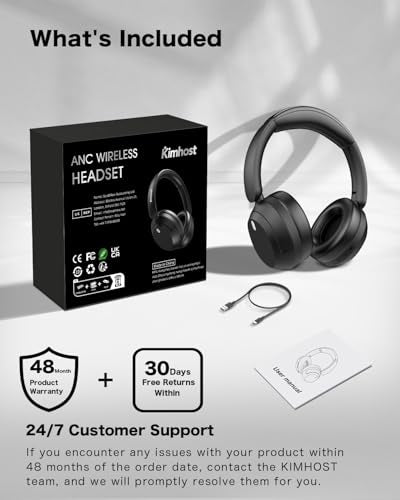 KIMHOST T30 Active Noise Cancelling Headphones, 120Hrs Playtime Bluetooth 5.3 Headphones, Multipoint, Deep Bass, Foldable, HiFi Stereo Wireless Over Ear Headphone for Travel, Office, Music, Game, Gym