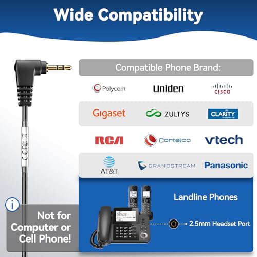 Wantek Phone Headset with Microphone Noise Cancelling, Telephone Headsets 2.5MM Jack Compatible with Panasonic AT&T RCA Vtech Uniden Dect Cisco SPA Polycom Cordless Phones for Call Center Office Work
