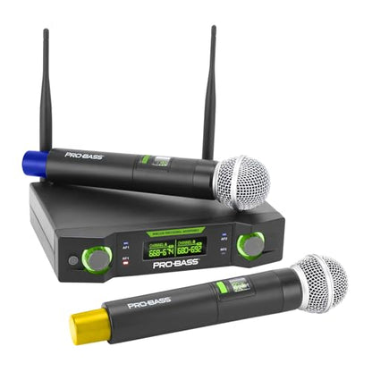 Pro Bass UF‑224 Dual UHF Wireless Microphone System – 24-Channel, Auto Sync, Clutter Suppression, XLR 1/4” Outputs – 8h Battery – Hard Carry Case – Ideal for Church, Events, Karaoke, Weddings