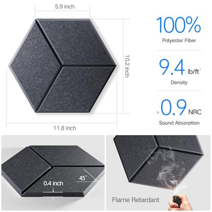 12 Pack Self-Adhesive Acoustic Panels 12" X 10" X 0.4" - Sound Proof Foam Panels with High Density, Y-Lined Design, Flame Resistant, Absorb Noise and Eliminate Echoes(Dark Gray) - color: Dark Gray, size: Y-Cut Hexagon 12 Pack