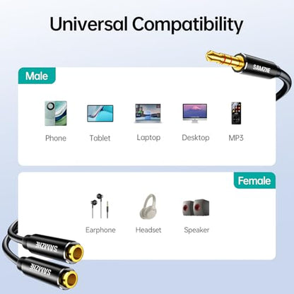 SAMZHE Headphone Splitter 3.5mm 1 Male to 2 Female Y Aux Cable, 24K Gold-Plated OFC Hi-Fi Stereo Cord No Mic, 9.8 Inch for PS5 PS4 Switch Xbox iPhone iPad Car Laptop Audio