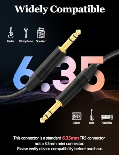 Premium TRS Guitar Cable 6.35mm TRS Balanced Stereo Audio Cable 3FT 2-Pack - size: 3ft