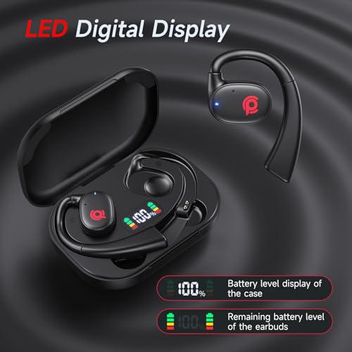 Open Ear Earbuds Bluetooth Headphone Stereo Sound Clear Call Air-Conduction | Wireless Charging Case LED Digital Display Over Ear Hook with Microphone Waterproof Earphones for Sports Running Workout Game
