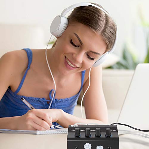 4-Channel Portable Stereo Headphone Amplifier - Professional Multi Channel Mini Earphone Splitter Amp w/ 4 ¼” Balanced TRS Headphones Output Jack and 1/4" TRS Audio Input For Sound Mixer - Pyle PHA40 BLACK - size: 6X6X5