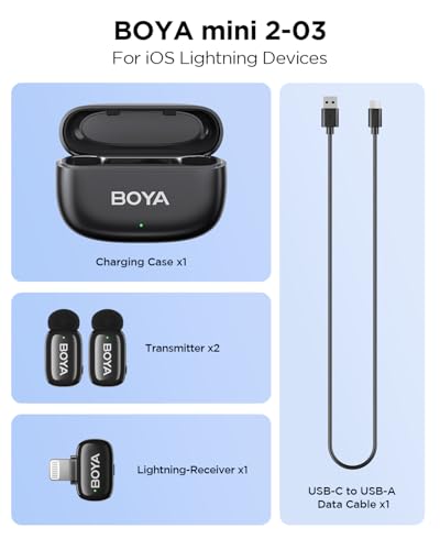 BOYA Mini 2 Wireless Lavalier Microphone with AI Noise Cancellation, App Control, 30H Battery Charging Case - for iPhone, Video, Podcasts, Vlogging, TikTok, YouTube - style: Mini 2(Lightning)