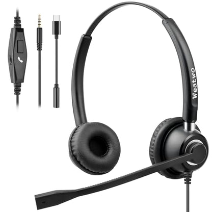 Wired Computer Headset with Mic for Work, 3.5mm Jack & USB-C Adapter | On-Ear Computer Headphones with with Noise Cancelling Microphone & in-line Call Control for Cell Phone PC Mac