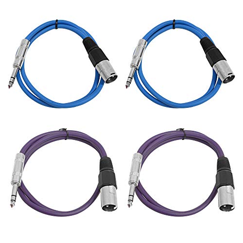 Seismic Audio - SATRXL-M2-4 Pack of 2 Foot 1/4 Inch TRS to XLR Male Patch Cables - Balanced - 2 Foot Patch Cord - Blue and Purple - color: Blue and Purple