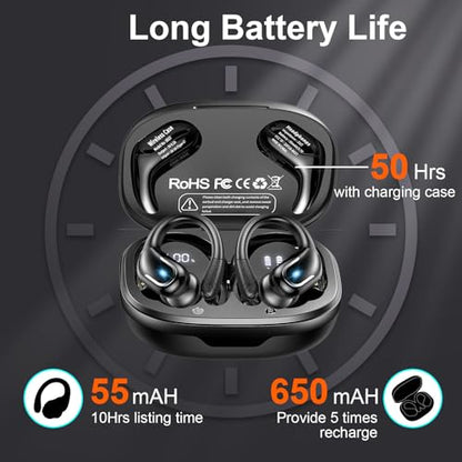 Ltinist Wireless Earbud, Bluetooth 5.3 Headphones Pure Bass Sound with Earhooks, 75H Battery Over Ear Headphones with Dual-LED Display, IP7 Waterproof Earphones Built-in Microphone for Running Sports - color: carbon black