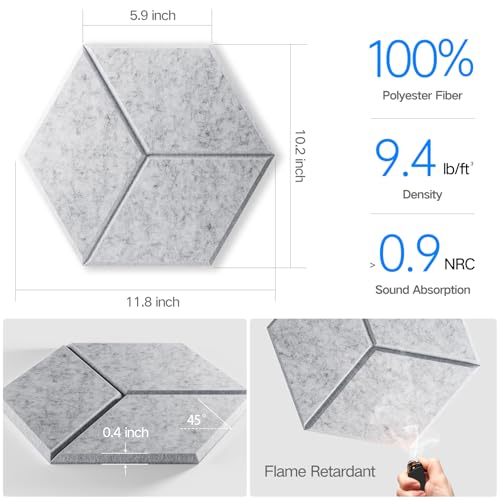 12 Pack Self-Adhesive Acoustic Panels 12" X 10" X 0.4" - Sound Proof Foam Panels with High Density,Stylish Y-Lined Design, Flame Resistant, Absorb Noise and Eliminate Echoes(Silver Gray) - color: Silver/Gray, size: Y-Cut Hexagon 12 Pack