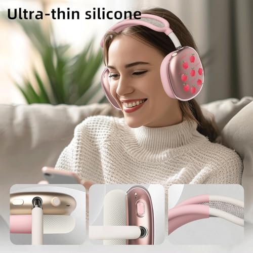 Pink Cute Apple Print Clear Case for Airpods Max Headphones Lovely Design Soft TPU Ear Cups Cover Anti-Scratch Silicone Ear Pad Protective Case 53 Headband Cover for Apple Airpods Max - color: Pink apple 04