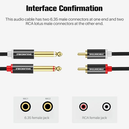 SHULIANCABLE 1/4 to RCA Cable, 6.35mm to Dual RCA Stereo Audio (15Ft/5Meter | 2X6.35mm TS to Dual RCA Stereo Audio Interconnect Cord for AV Receivers, Speakers, Home Audio Systems, Amplifiers - size: 15Ft/5Meter