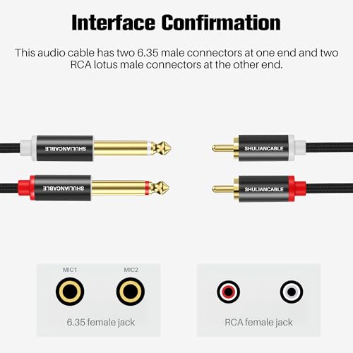 SHULIANCABLE 1/4 to RCA Cable, 6.35mm to Dual RCA Stereo Audio (3.3Ft/1M | 2X6.35mm TS to Dual RCA Stereo Audio Interconnect Cord for AV Receivers, Speakers, Home Audio Systems, Amplifiers - size: 3.3Ft/1Meter
