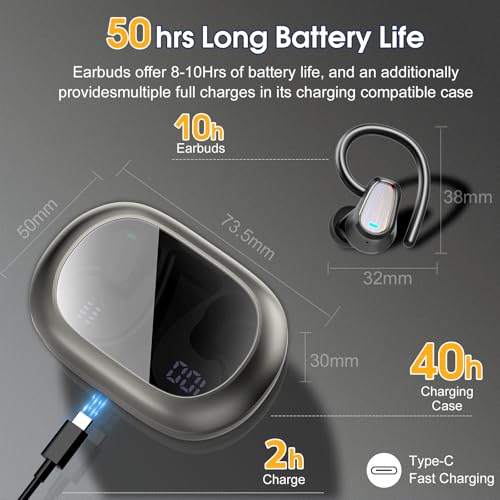 Jesebang Wireless Earbuds, Bluetooth 5.4 Headphones Sport, Over Ear Buds with ENC Noise Canceling Mic, Deep Bass Stereo Ear Buds with Hook, 50H Playback, LED Display, IP7 Earphones for Workout, Grey | 50H Playback, IP7 Waterproof Earphones for Workout Run