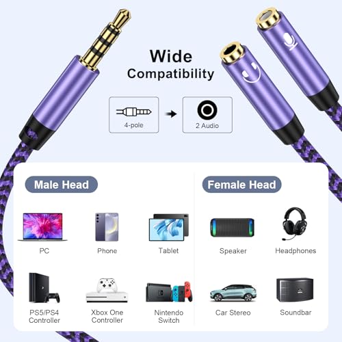 3.5mm Audio Splitter, Male to Female Headphone & Microphone Jack Adapter | 3.5mm Hi-Fi Stereo Aux Extension Cable for Earphones Compatible with PS4 PS5 Xbox Switch PC Gaming Headsets Phone Tablet - color: purple