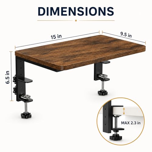 Clamp-On Desk Extender, 15 x 9.5 Inch Monitor Riser | Height options, No-drill setup, 3-in-1 use, 44 lb load, Office station, Gaming area, Brown finish - color: Brown