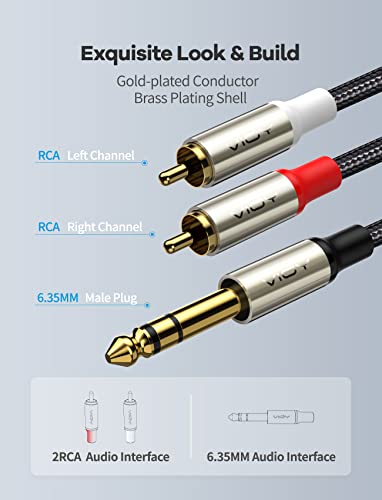 VIOY 1/4 to RCA Cable 15FT, 6.35mm TRS Male to Dual RCA Male Y-Splitter | Copper shell, dual shielding lossless Hi-Fi sound,braided bidirectional transmission for amplifier, mixer, home theater - color: Champagne gold, size: 15FT