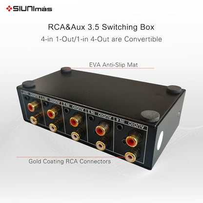 4-in 1-Out RCA and 3.5mm Aux Audio Receiver Switching Box 4 Channels Audio Converter Passive Audio Selector Switch Box 1-in 4-Out (S401-RCA AUX)