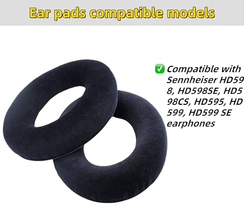 Replacement Earpads for Sennheiser HD598 HD560S Headphones - Black | Fit for Sennheiser HD598CS/HD598SE/598SR/595/HD599/515/518/HD555/HD558/HD569/579, Breathable Velour Ear Cushions, Comfort Fit