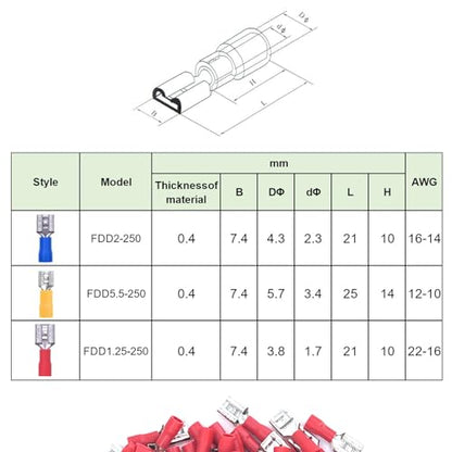 200피스 빠른 분리 비닐 절연 암 스페이드 와이어 커넥터, 22-16 AWG-6.3mm 0.6cm(1/4인치) 전기 크림프 터미널 - size: Female 200pcs AWG22-16 Red