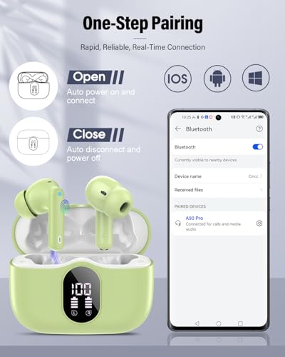 Wireless Earbuds, 2026 Bluetooth 5.4 Headphones Bass Stereo, Grass Green | Ear Buds with Noise Cancelling Mic LED Display in Ear Earphones IP7 Waterproof 36H Bluetooth Earbuds for Phones/Sport/Laptop - color: Grass Green