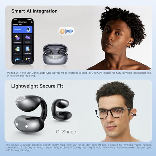 Kieslect Clip on Open Ear Wireless Bluetooth Headphones with AI 165 Language Translator, Real Time Translation Earbuds with Wireless Charging Case, Black, Active Noise Cancelling