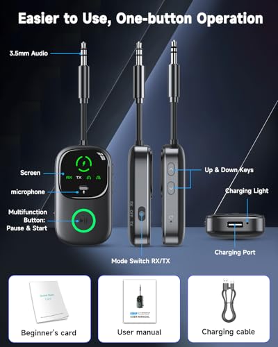 LED Display 2 in 1 Bluetooth 6.0 Transmitter Receiver 3.5mm AUX Jack RCA Wireless Audio Adapter Dongle for Airpods Headphones TV Airplane Flight Car Speaker Home Stereo, Dual Pairing & Handsfree Call - color: Black AUX Standard