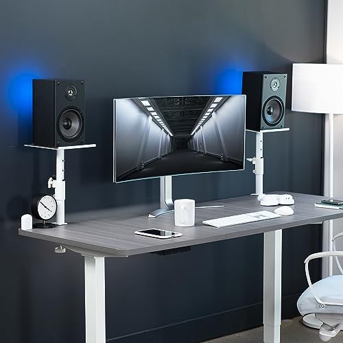 VIVO Clamp-on Speaker Stand Desk Mount Set, 10 x 9 inch Trays, Height Adjustment and Tilt, Universal Audio Holders for Computer and Bookshelf Speakers, Elevated Sound, 2 Pack, White, MOUNT-SP01CW - color: White