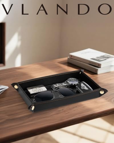 VLANDO Valet Tray for Men, Foldable PU Leather Catchall Tray, Black - color: Black, size: Rectangle