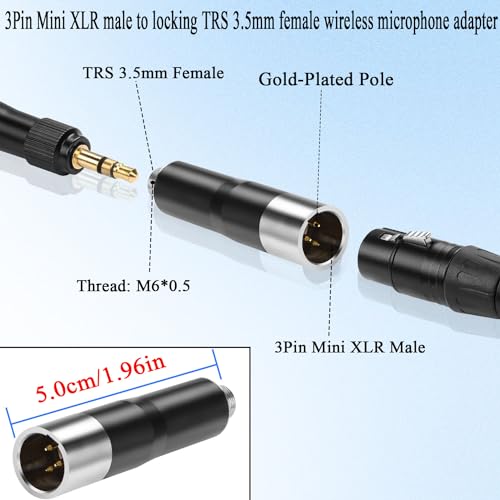 QIANRENON Mini XLR to TRS 3.5mm Microphone Connector Gold Plated 3Pin Male to Locking TRS 3.5mm Female Headset Adapter, for Wireless Bodypack Mic - style: M-F