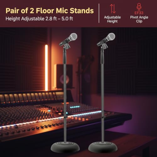 Pyle Universal Microphone Stand - Handheld Mic Compatible, Heavy Compact Base, Lightweight & Compact Design, 2.8 to 5 Ft Height Adjustable Clamp, Pivot Angle Clip, Home/Studio Use (Pair) - size: 2 Count ( Pack of 1)
