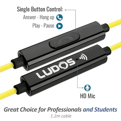 LUDOS Clamor Wired Earbuds in-Ear Headphones, 5 Years Warranty, Earphones with Microphone, Noise Isolating Ear Buds, Memory Foam for iPhone, Samsung, School Students, Kids, Women, Small Ears - Yellow - color: Yellow, style: 3.5 mm