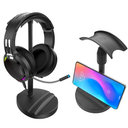 Desktop Headphone Stand, Universal Headphone Holder with Phone Holder,Anti-Slip Base, for Desk, Office, Home Headphones Support Accessory (Black) - color: Black