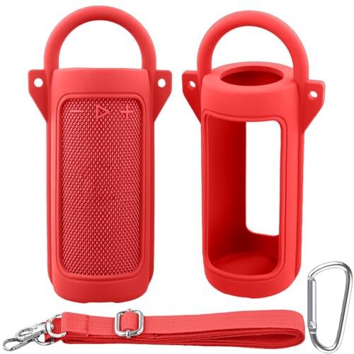 for JBL Grip Portable Waterproof Speaker Silicone Case, Red | Portable Travel Soft Cover with Adjustable Shoulder Strap and Carabiner, Protective Skin Case, Anti-Slip Feet - color: Red Case