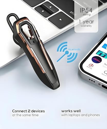 Single Ear Bluetooth Headset V5.4 36Hrs Talk Time, Bluetooth Earpiece | Noise Canceling Microphone, Hands-Free Wireless Headset for Driving/Office/Business, Crystal Clear Calls, Lightweight (Gold)