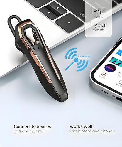 Single Ear Bluetooth Headset V5.4 36Hrs Talk Time, Bluetooth Earpiece | Noise Canceling Microphone, Hands-Free Wireless Headset for Driving/Office/Business, Crystal Clear Calls, Lightweight (Gold)