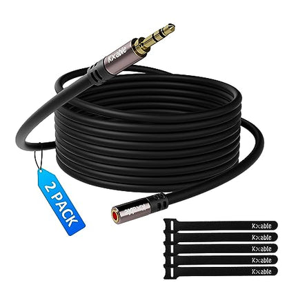 Kxable 3.5mm Extension Cable 8 Feet (2 Pack), Male to Female Auxiliary Audio Stereo Cable, Headphone Extension Cord, Hi-Fi Sound, Gold Plated Connectors, OFC Core, Black, (with 5 pcs Cable Ties) - size: 8 Feet (2 Pack)