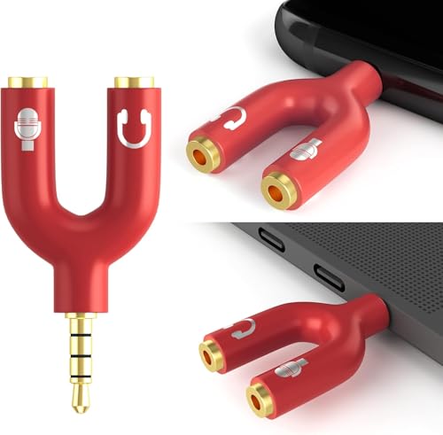 3.5mm Headphone Splitter Adapter, 2 Pack TRRS Male to Dual Female Y Splitter for Audio & Microphone – Headset to PC Mic Adapter – Compatible with Laptops, Tablets, Phones, PS4/PS5 Controllers, Red - color: Red