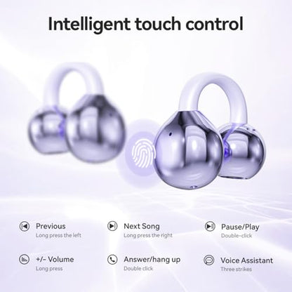 Piluyaa Clip-on Earbuds,Open Ear Earbuds Wireless Bluetooth 5.4, Lightweight Open Ear Headphones with C-Shaped Bridge,Slim Hook,60H Battery,Waterproof,for Glasses Wearers and Workouts (Purple) - color: Purple