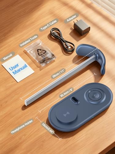 3 in 1 Headphone Stand, Airpod Max Charger Stand with 15W Wireless Charger | Headset Holder for AirPods Max 2/Pro/iWatch/Vision Pro, Charging for iPhone 17/16/15/14/13/12/11/X, Aluminum Alloy Rod, Blue