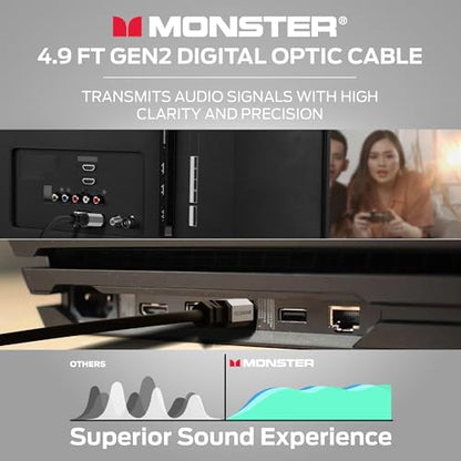 Monster Gen2 Essentials Digital Optical Audio Cable (Toslink, SPDIF), Fiber Optic Cable for TV, Soundbar & Home Theater System, Gold-Plated Connectors, 4.9ft