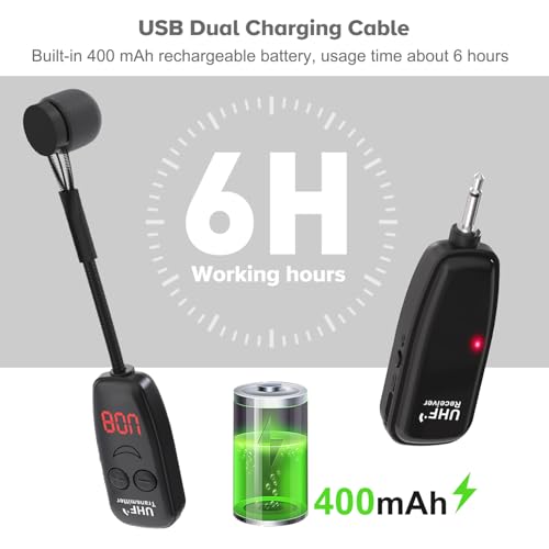 Wireless Microphone,UHF Wind Instrument Clip Microphones for Flute | Rechargeable Receiver and Transmitter Mic System, 130ft Range with Digital Screen, Great for Flute Piccolo Clarinet - color: Black4