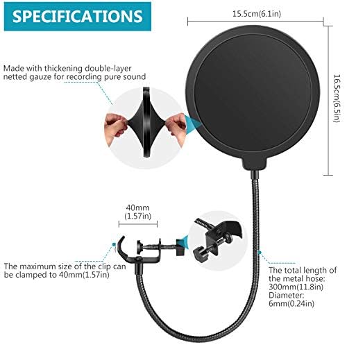 Neewer Professional Microphone Pop Filter Shield Compatible with Blue Yeti and Any Other Microphone, Dual Layered Wind Pop Screen With A Flexible 360 Degree Gooseneck Clip Stabilizing Arm | Compatible with Blue Yeti and Other Mic, Dual Layered Wind Pop Sc