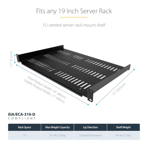 StarTech 1U Vented Cantilever Shelf, 12in, 55lb, 25kg (SHELF-1U-12-FIXED-V) | Universal 19in EIA-310 fit, 30.5cm depth, 2.0mm SPCC steel, Network equipment rack, Cabinet, Tray - size: 12", style: single