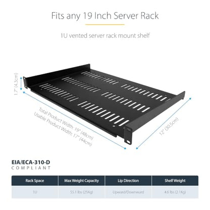 StarTech 1U Vented Cantilever Shelf, 12in, 55lb, 25kg (SHELF-1U-12-FIXED-V) | Universal 19in EIA-310 fit, 30.5cm depth, 2.0mm SPCC steel, Network equipment rack, Cabinet, Tray - size: 12", style: single
