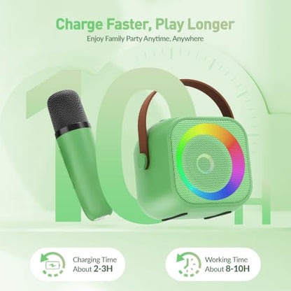Mini Karaoke Machine：Portable Bluetooth Karaoke Microphone, Singing Speaker with 2 Wireless Mic and Light Kids Adults, Christmas Birthday Gifts for Girls Boys Family Home Party(Green) - color: Green