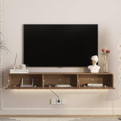 69" Wall Mount Floating Media Storage Cabinet, RGB LED Media Console, Large Storage TV Console Stand for Home Entertainment Areas, Wood