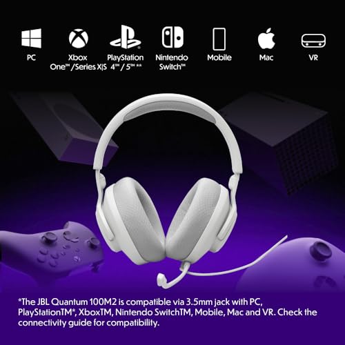 JBL Quantum 100M2 Wired Gaming Headset, Detachable Mic - White | Memory Foam Ear Cushions And 3.5 Mm Jack Work With PC, PlayStation, Xbox, Nintendo Switch For Immersive PC Gaming Sessions - color: White