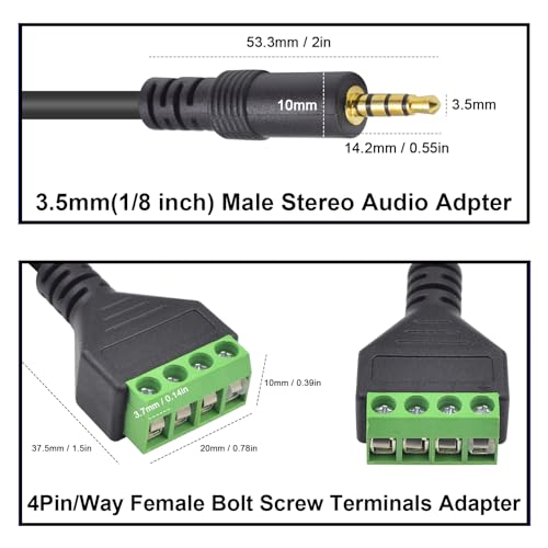 Poyiccot 3.5mm Screw Terminal Block Cable, 2Pack 3.5mm to Speaker Wire Adapter Cable (1/8inch) TRRS Stereo Male to 4 Pin/Way Female Bolt Screw AV Headphone Adapter Cable(30cm) - size: 3.5mm trrs cable 30cm